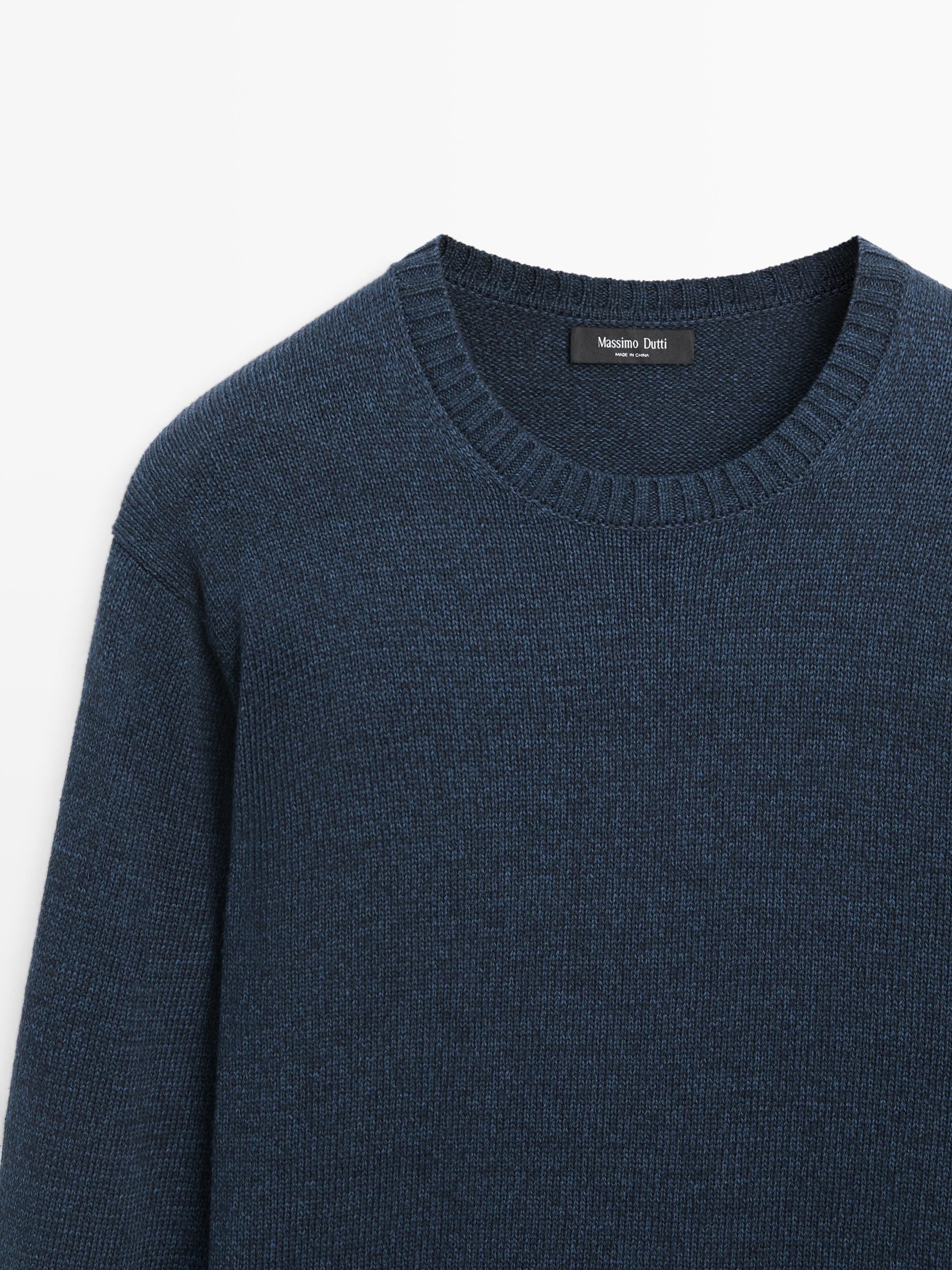 Denim-effect crew neck knit sweater